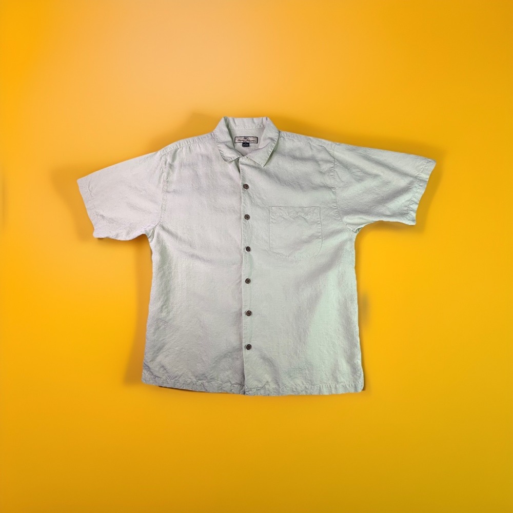 Tommy Bahama Men's Short Sleeve Medium 100% Silk Button-Up Palm‎ Tree Pistachio